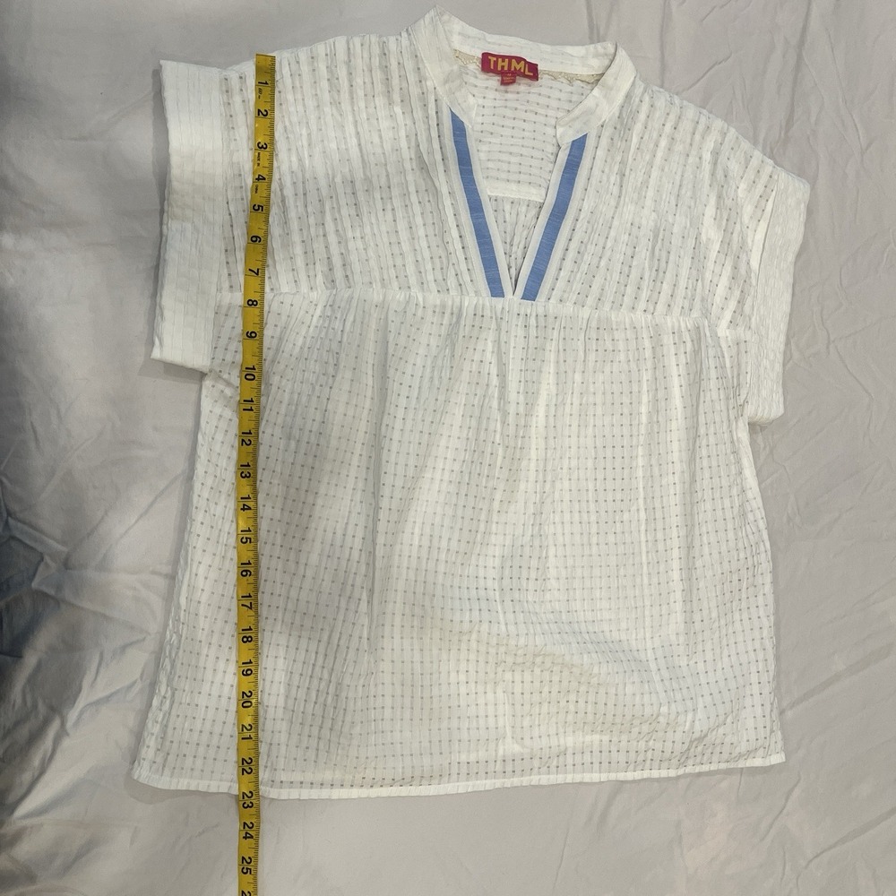 THML White Blue Check V-Neck Tunic Blouse Trim Short Sleeve Womens Size M - Picture 6 of 7